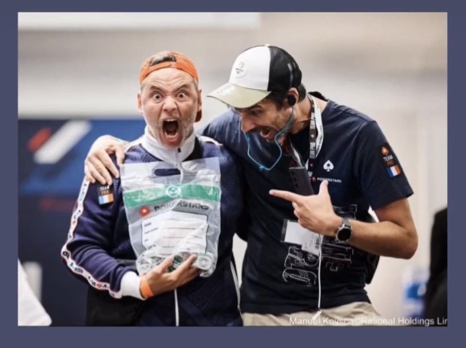 Two players celebrating with a biodegradable Day 2 tournament chip bag
